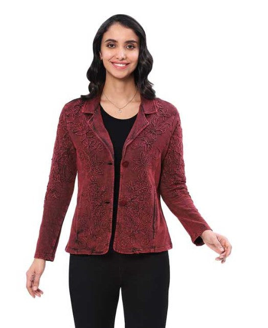 Parsley & Sage Gilly Wine Vintage Wash Tonal Embroidery Jacket