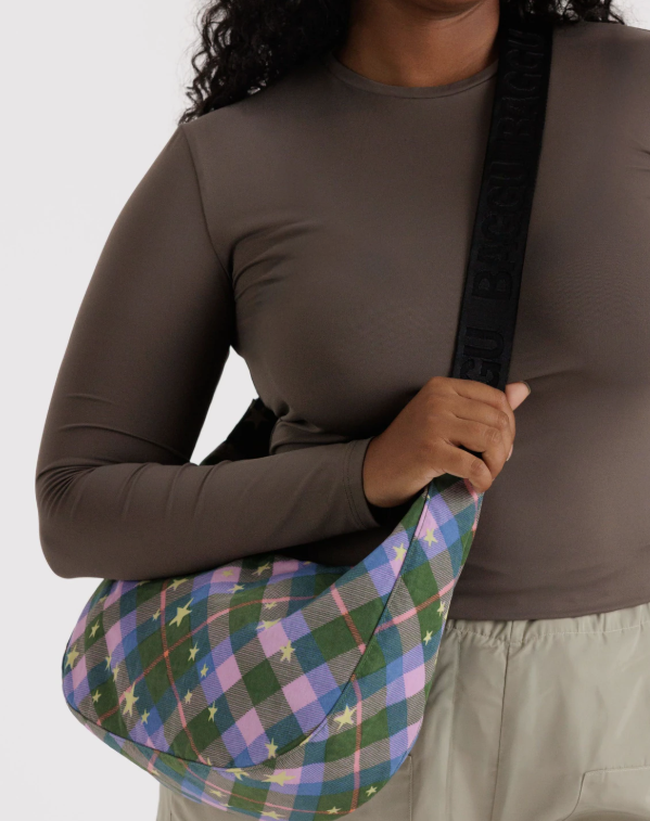 Baggu Medium Nylon Crescent Bag - Green Star Plaid