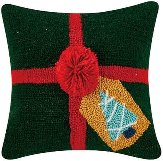 Peking Handicraft Green Gift With Pom Pom Bow Hook Pillow (14" Square)