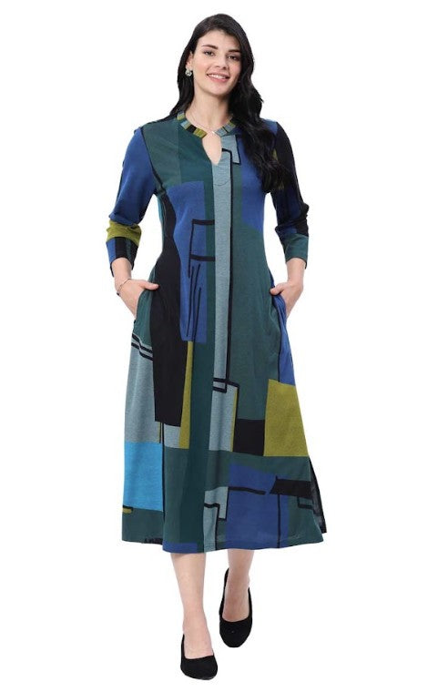 Parsley & Sage Greta Geo Print Dress (BLU/GRN)