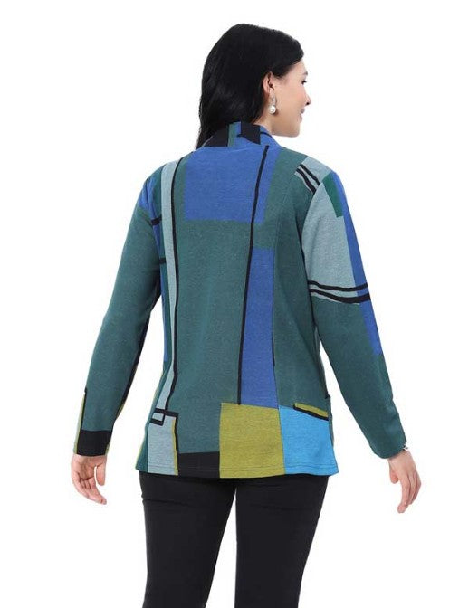 Parsley & Sage Greta Geo Print Open Front Jacket (BLU/GRN)