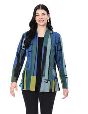 Parsley & Sage Greta Geo Print Open Front Jacket (BLU/GRN)