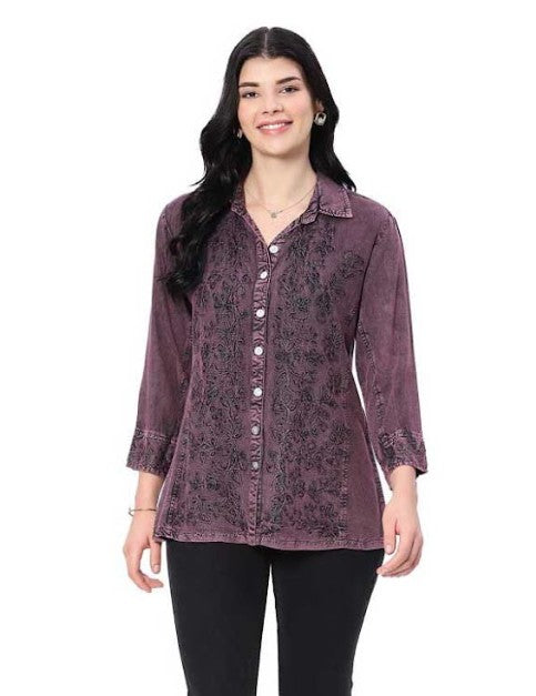 Parsley & Sage Harlyn Vintage Washed Tonal Shirt (PLUM)