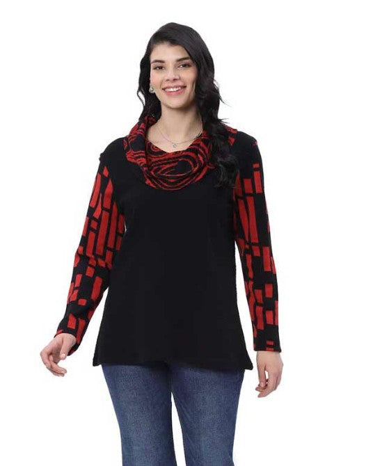 Parsley & Sage Hilda Printed Cowl Neck Top (BLK/RED)