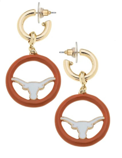 Texas Longhorn Canvas White Enamel Logo In Burnt Orange Drop Hoop Earrings (GLD) (26252E-TEX)