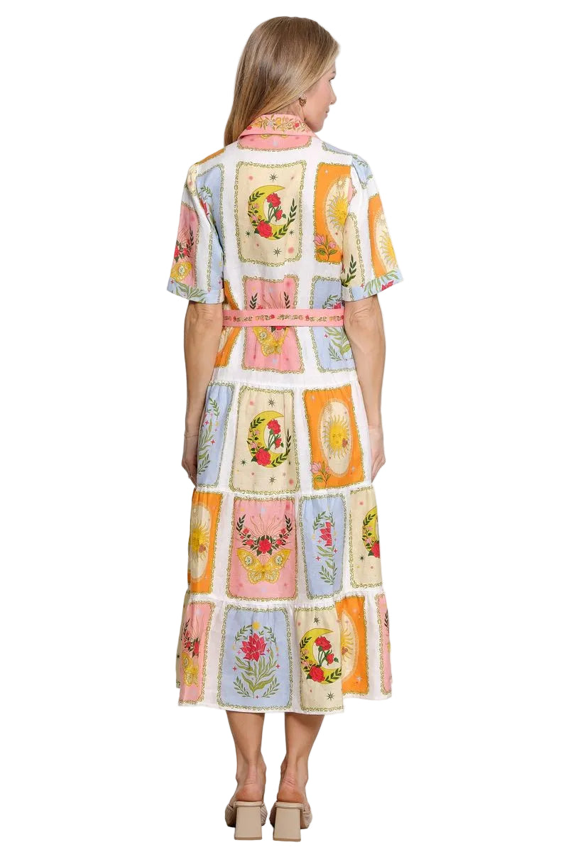 John Mark Floral Patchwork Midi Linen Dress with Belt (J16349DM) (Multi)