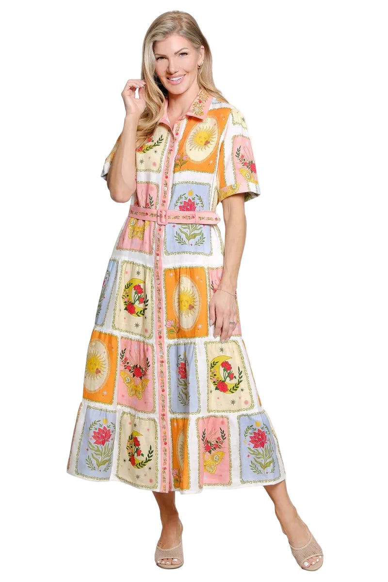 John Mark Floral Patchwork Midi Linen Dress with Belt (J16349DM) (Multi)