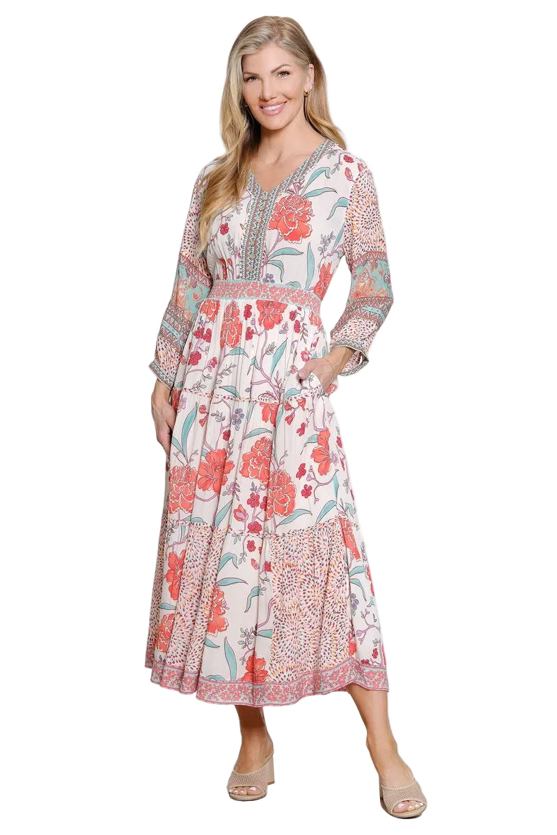 John Mark Mixed Print Tiered Lined Dress (J16353DM)(Floral)