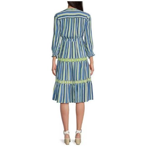 John Mark Blue Stripe Wire Collar Tiered Dress