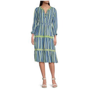 John Mark Blue Stripe Wire Collar Tiered Dress