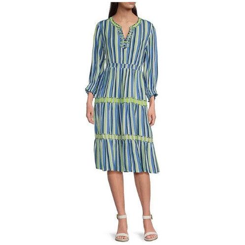 John Mark Blue Stripe Wire Collar Tiered Dress