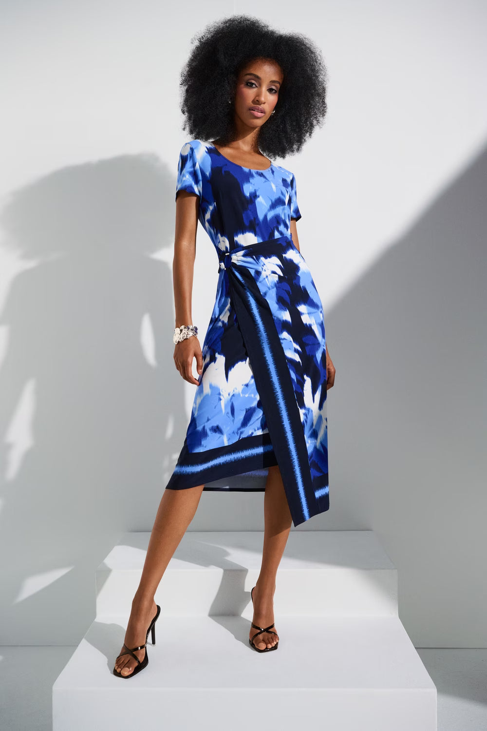 Joseph Ribkoff Knee Length Wrap  Dress (252179)(Blue/Vanilla)