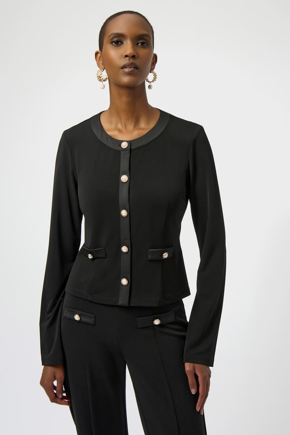 Joseph Ribkoff Jeweled Button Front Black Top