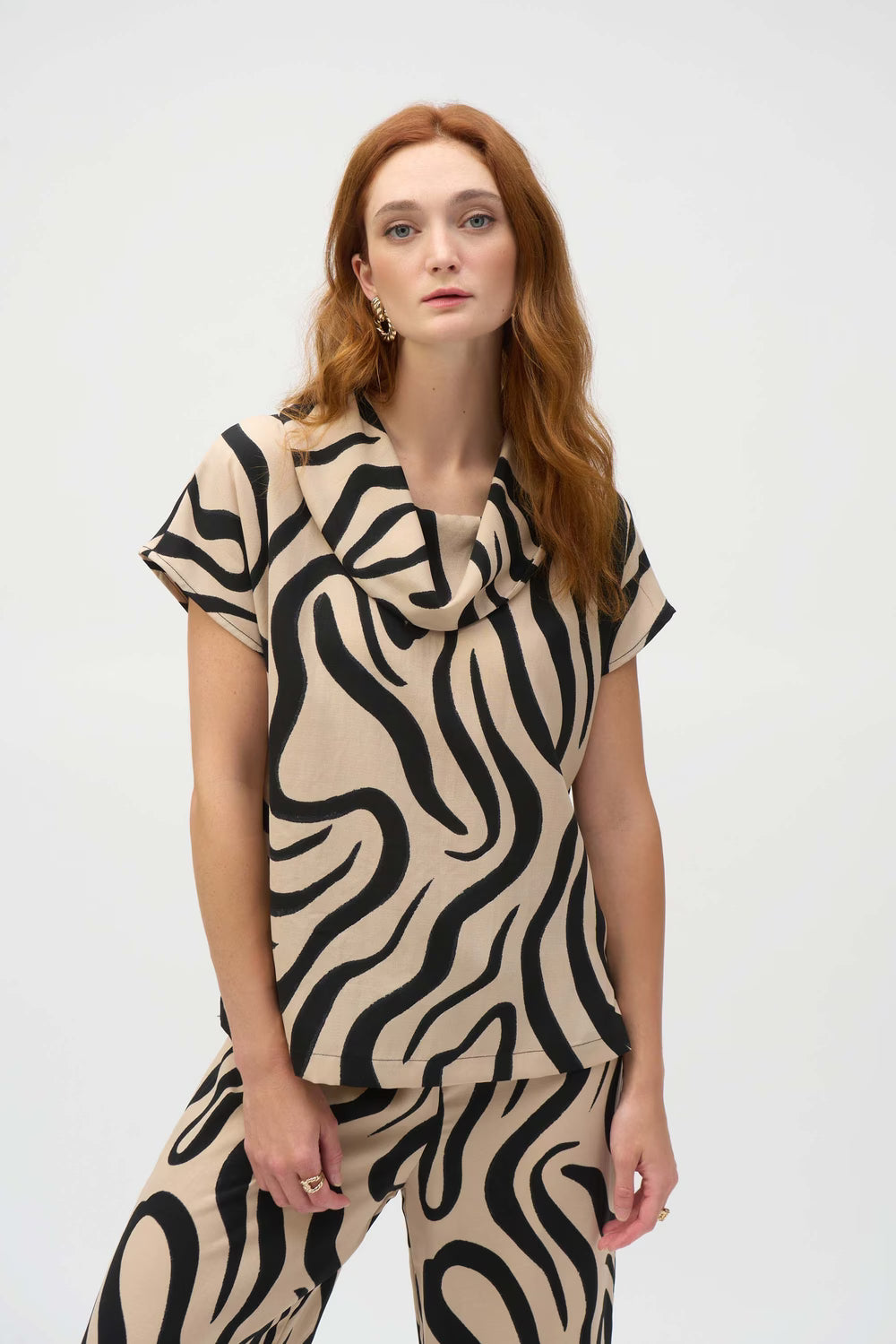 Joseph Ribkoff Animal Print Cowl Neck Top (252212)(Beige Black)(Size 8)