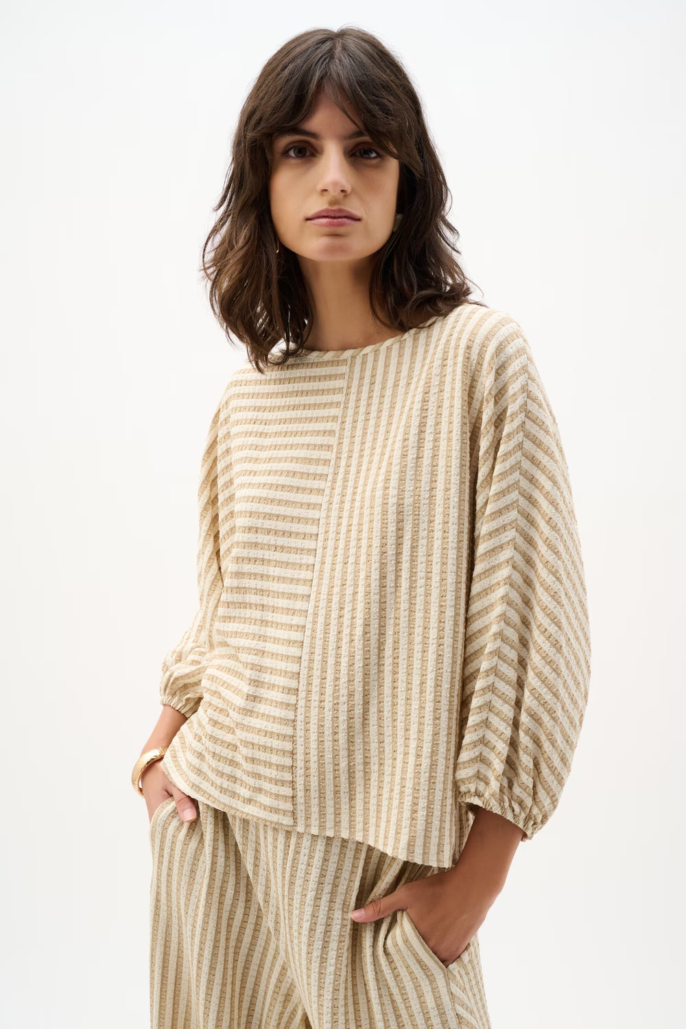 Joseph Ribkoff Raglan Sleeve Striped Pop-Over (262097)(Beige Off White)