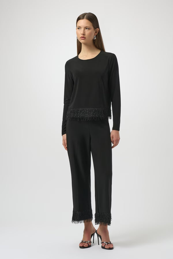 Joseph Ribkoff Chic Fringe & Jewel Adorned Hem Crew Neck Black Pullover