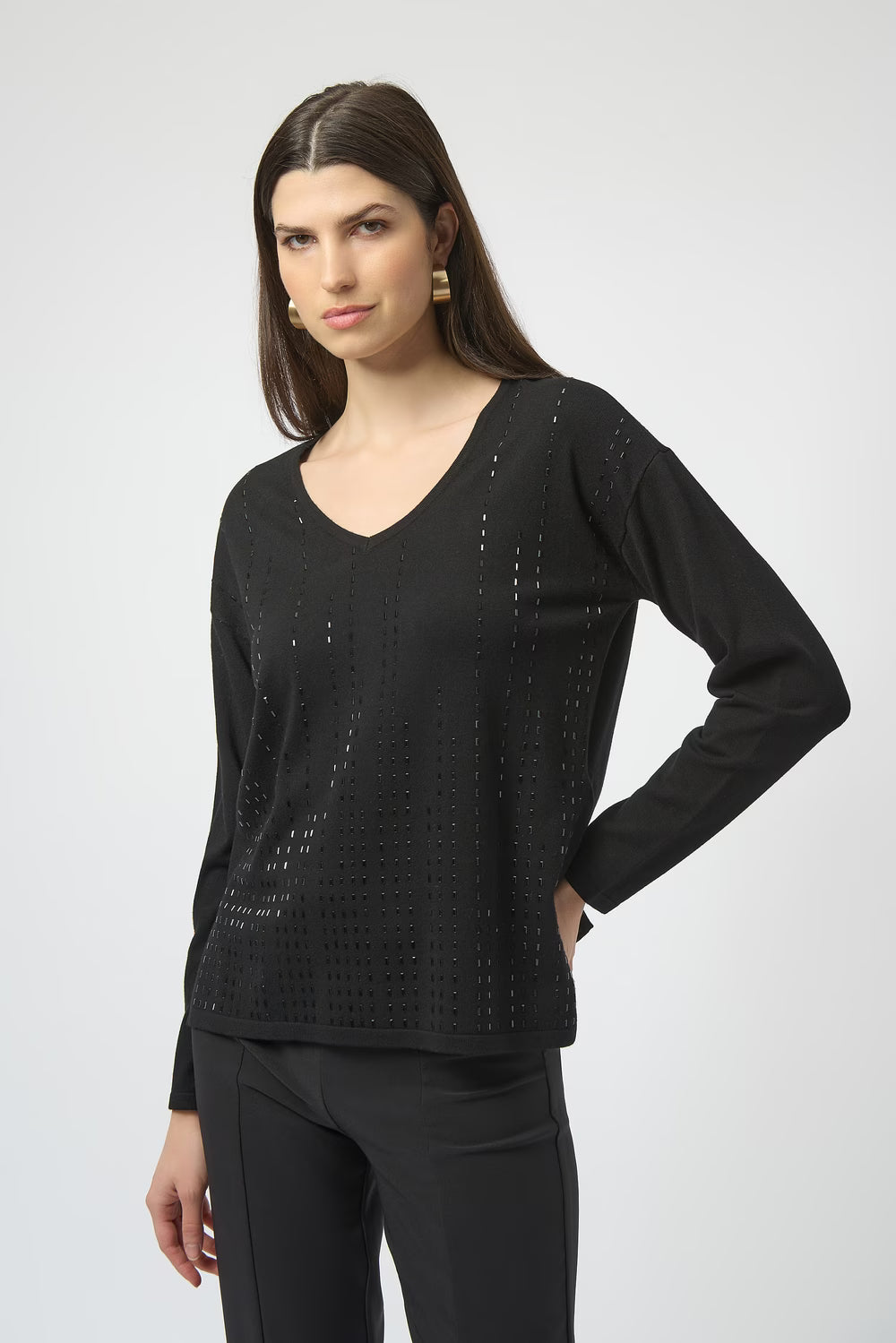 Joseph Rbikoff V-neck Fine Gauge  Sweater with Jewels (254966)(Black)(Size Large)