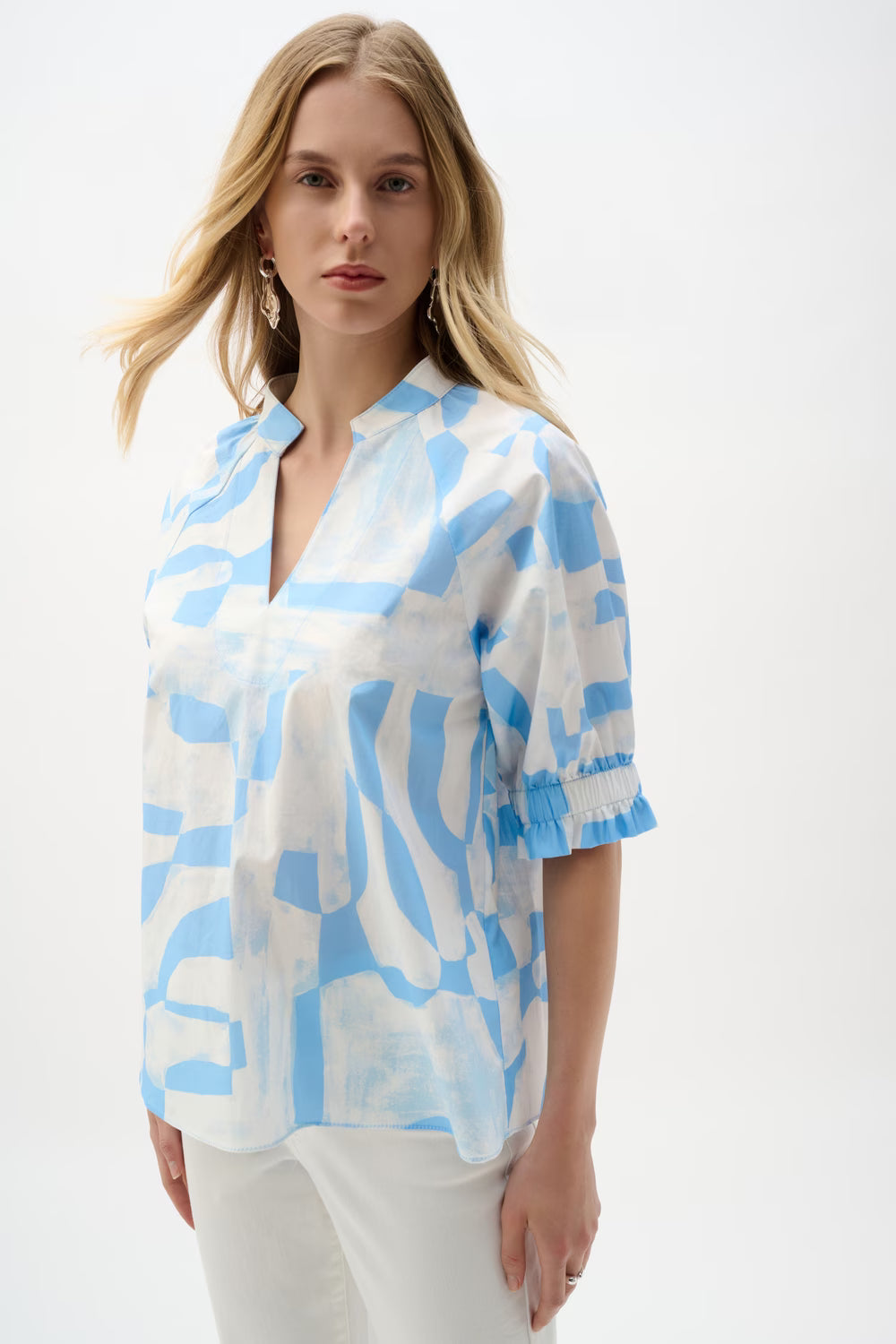 Joseph Ribkoff V-neck Ruffle sleeve Pull-over  (262199)(Blue Beige )