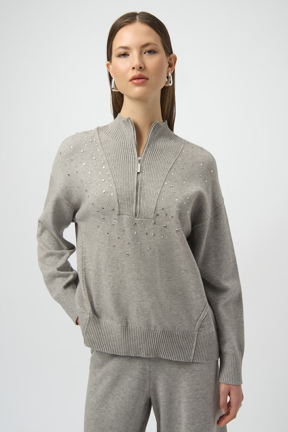 Joseph Ribkoff Rhinestone Mock Neck  Zip  Pullover Sweater  (254933)