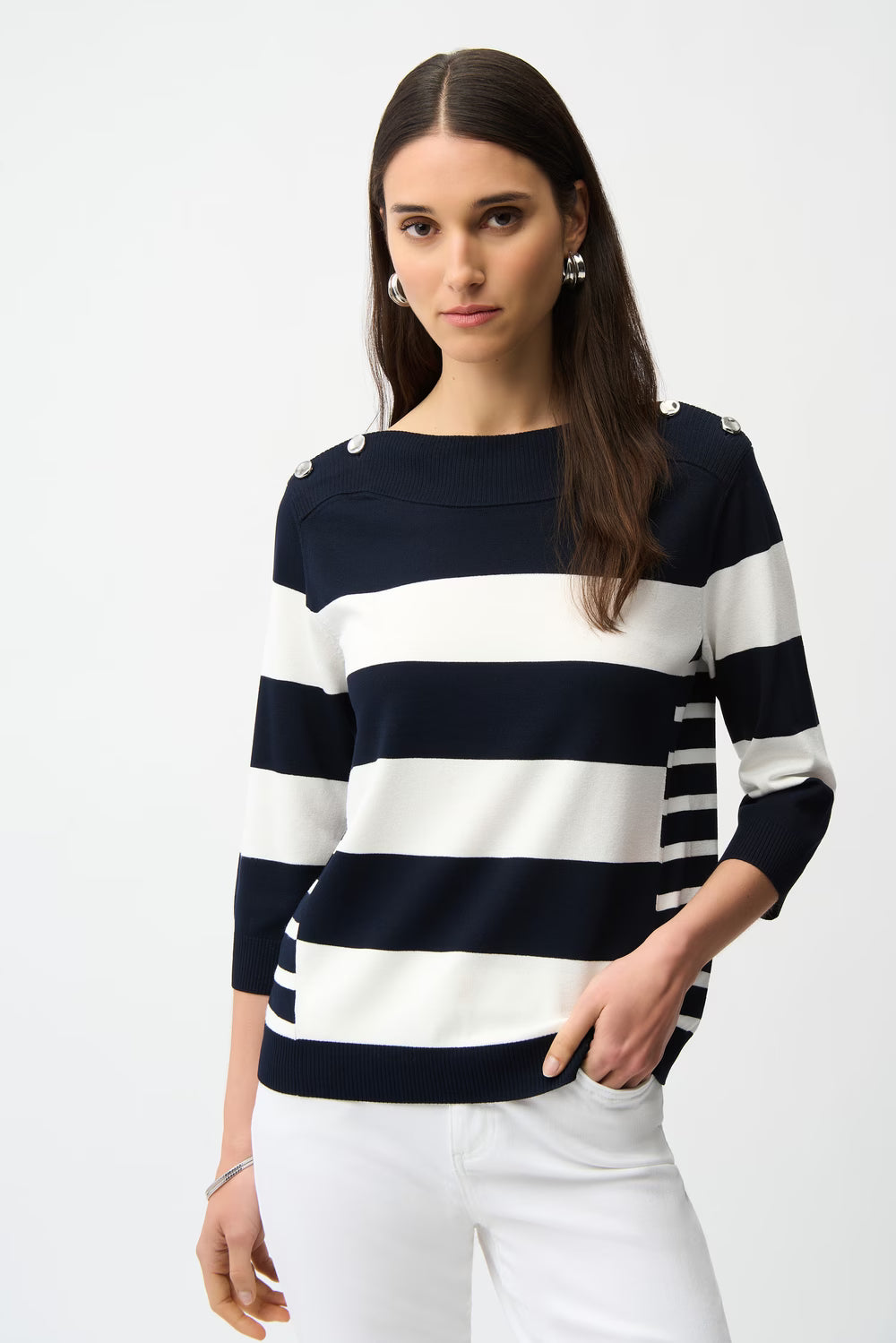 Joseph Ribkoff  Striped Boatneck  Pull-over Sweater with Button Detail  (261963)(Midnight Navy )