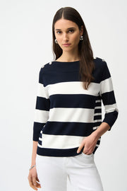 Joseph Ribkoff  Striped Boatneck  Pull-over Sweater with Button Detail  (261963)(Midnight Navy )