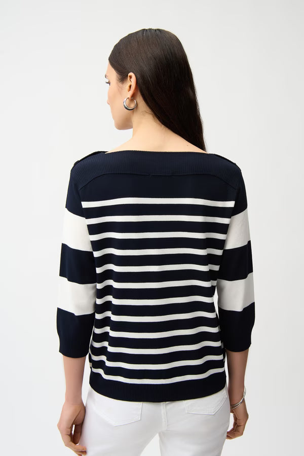 Joseph Ribkoff  Striped Boatneck  Pull-over Sweater with Button Detail  (261963)(Midnight Navy )