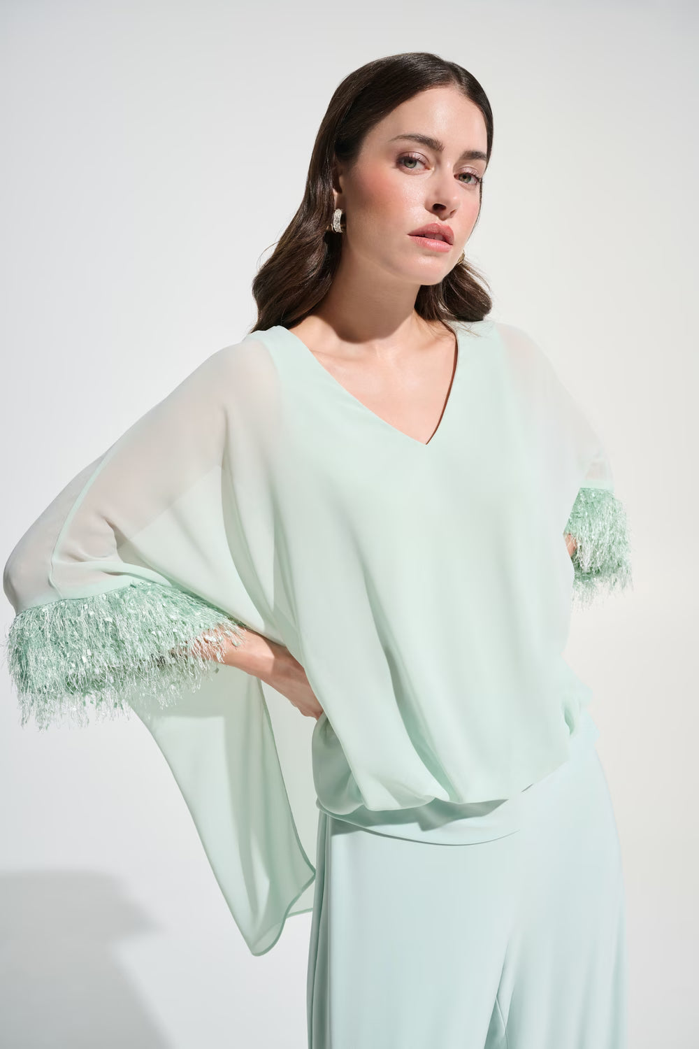 Joseph Ribkoff V-neck Fringe Sleeve Pull-over  (262711)(Pistachio)