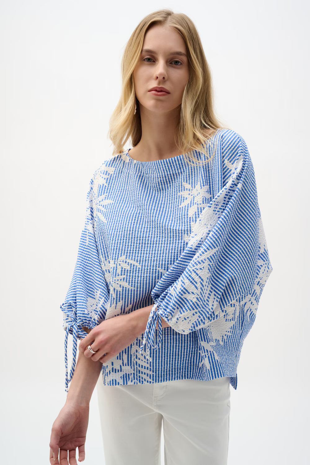 Joseph Ribkoff Raglan Sleeve Striped Pop-Over with Puff Sleeves (262067)(Blue Vanilla)