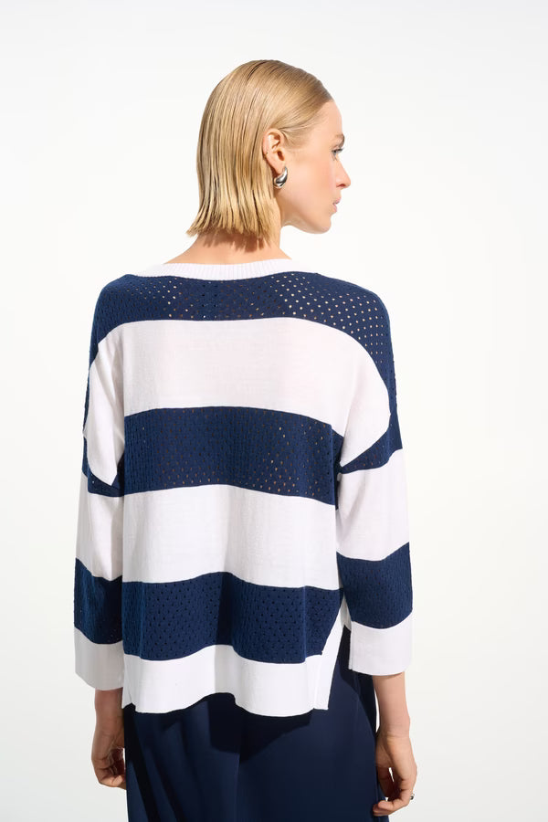 Joseph Ribkoff Indigo & Vanilla Stripe Crew Neck Pullover Sweater