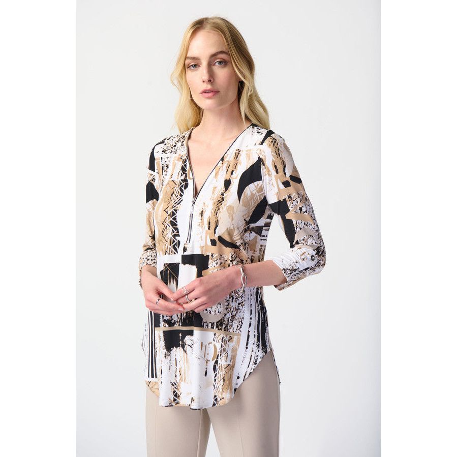 Joseph Ribkoff Abstract Print Zip Front Tunic (241310-2539) WHT/BLK/TAN