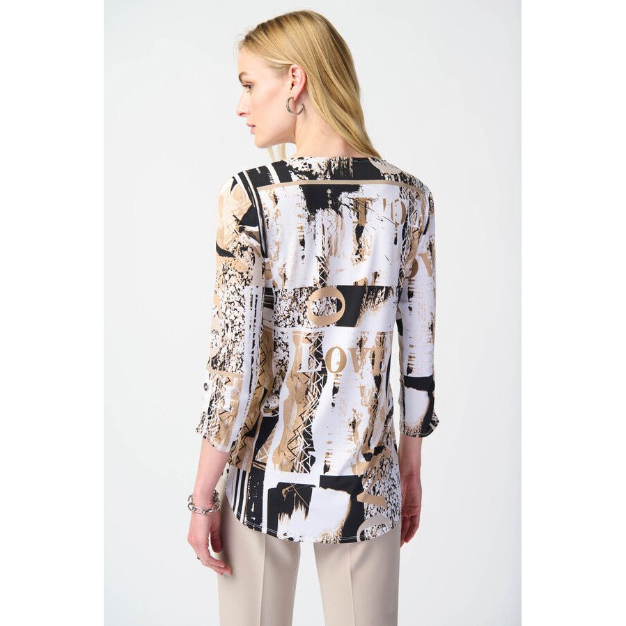 Joseph Ribkoff Abstract Print Zip Front Tunic (241310-2539) WHT/BLK/TAN