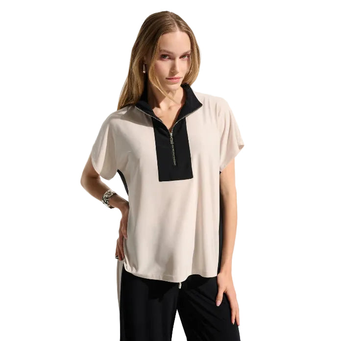 Joseph Ribkoff  Silky Knit Color Block With Zipped Collar (261611) ( Moonstone Black )