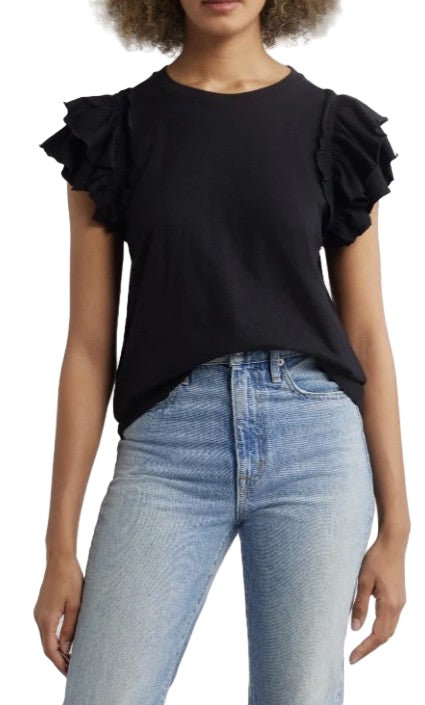 APNY Ruffle Cap Sleeve Solid Black Tee