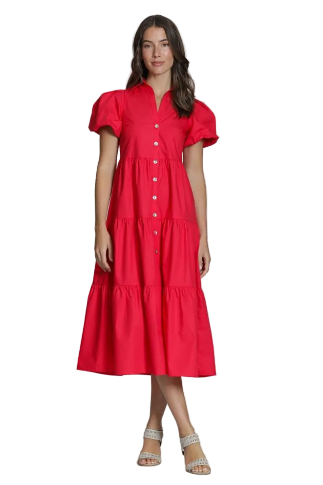 Lior Long Tiered Solid  Dress with Puff Sleeves  (K39) (Red)