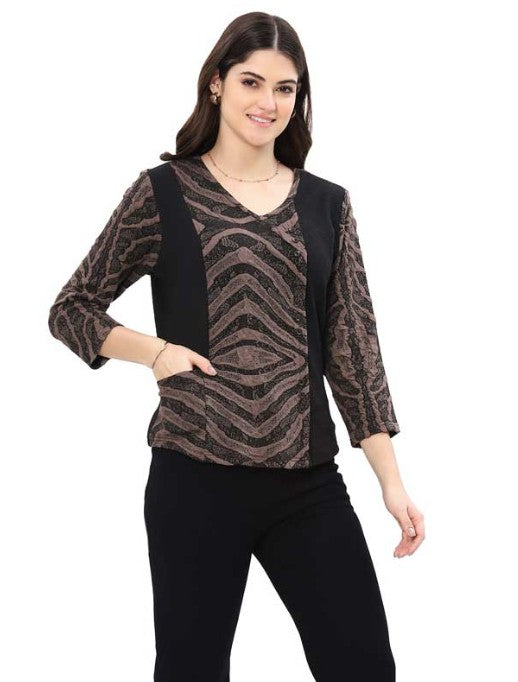 Parsley & Sage Leta Panel Printed/Solid Button Top (BLK/GRAPH)