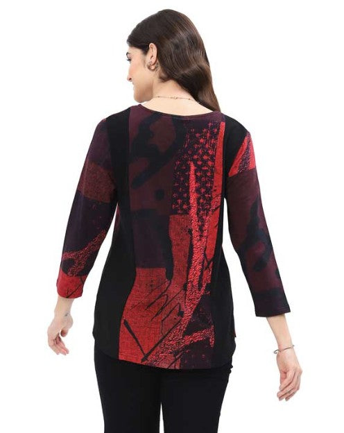 Parsley & Sage Luann Abstract Print V-Neck Top (BLK/RED)