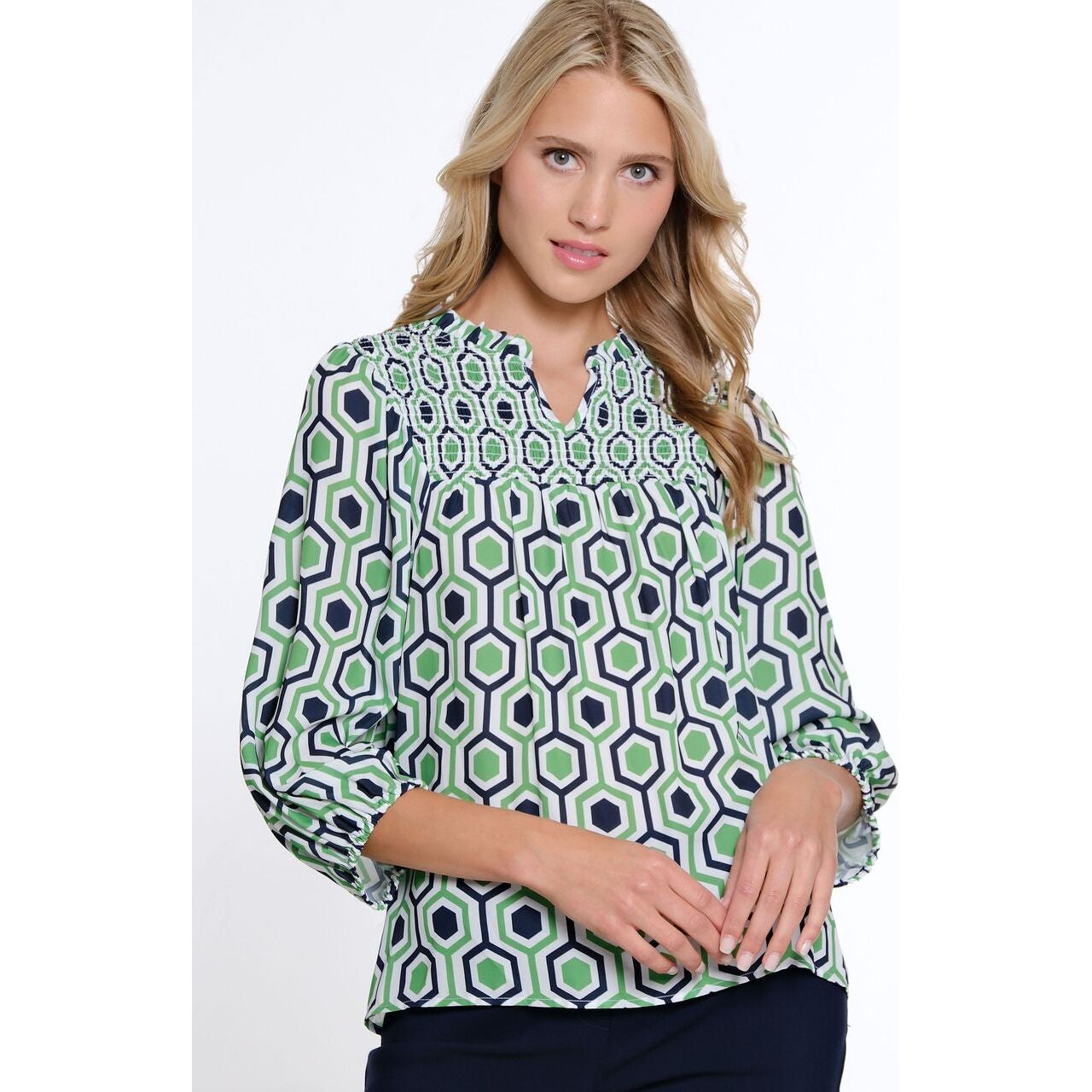 Multiples Print Puff Sleeve Shirred Front Top (GRN/MID)