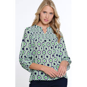 Multiples Print Puff Sleeve Shirred Front Top (GRN/MID)