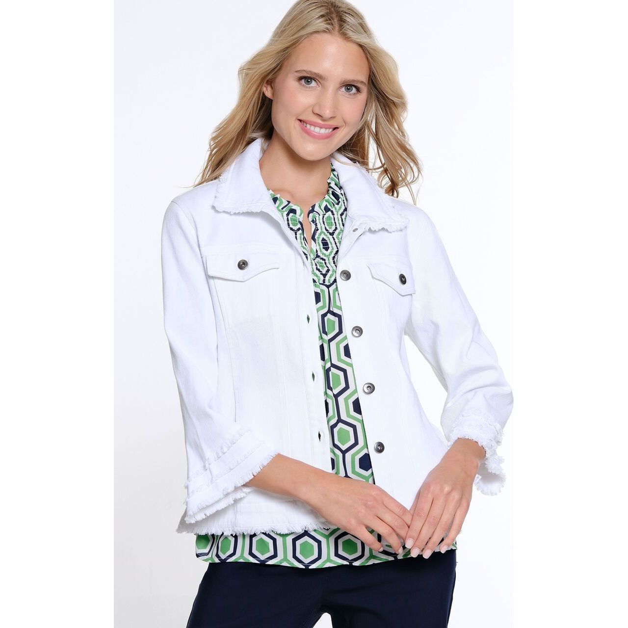 Multiples Triple Fringe Sleeve Button Front Jean Jacket (WHT)