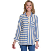 Multiples Blue Stripe Button Front Turn Up Cuff Hi-Low Shirt