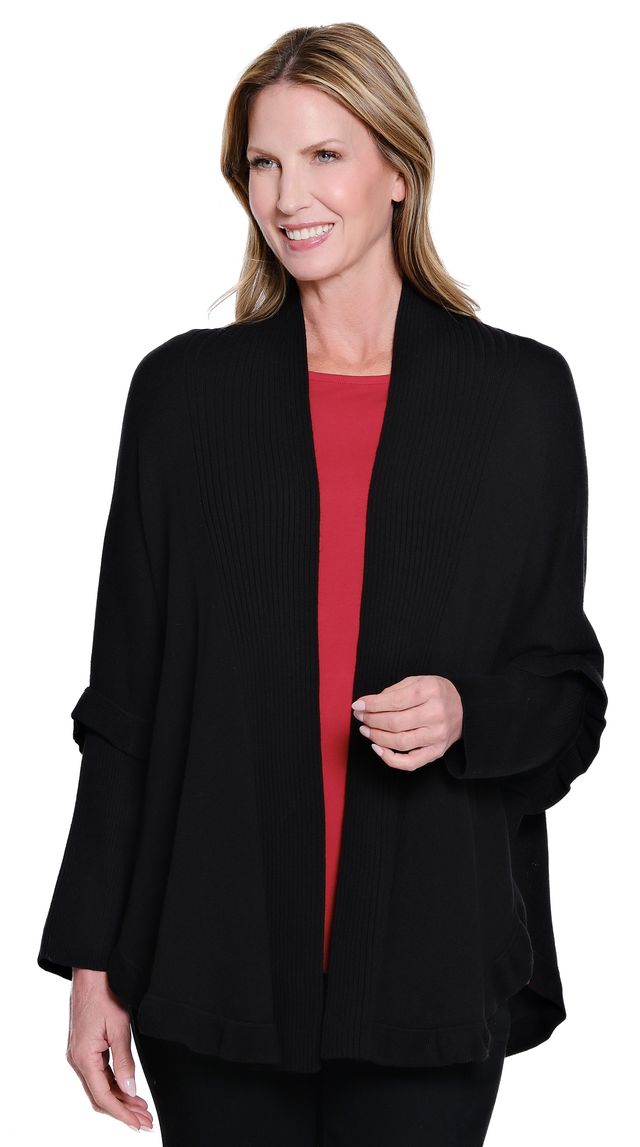 Multiples Shawl Collar Ruffle Hem Cardigan Black Sweater