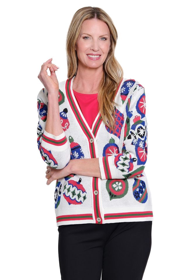 Multiples Ornament Print Button Front Cardigan Sweater