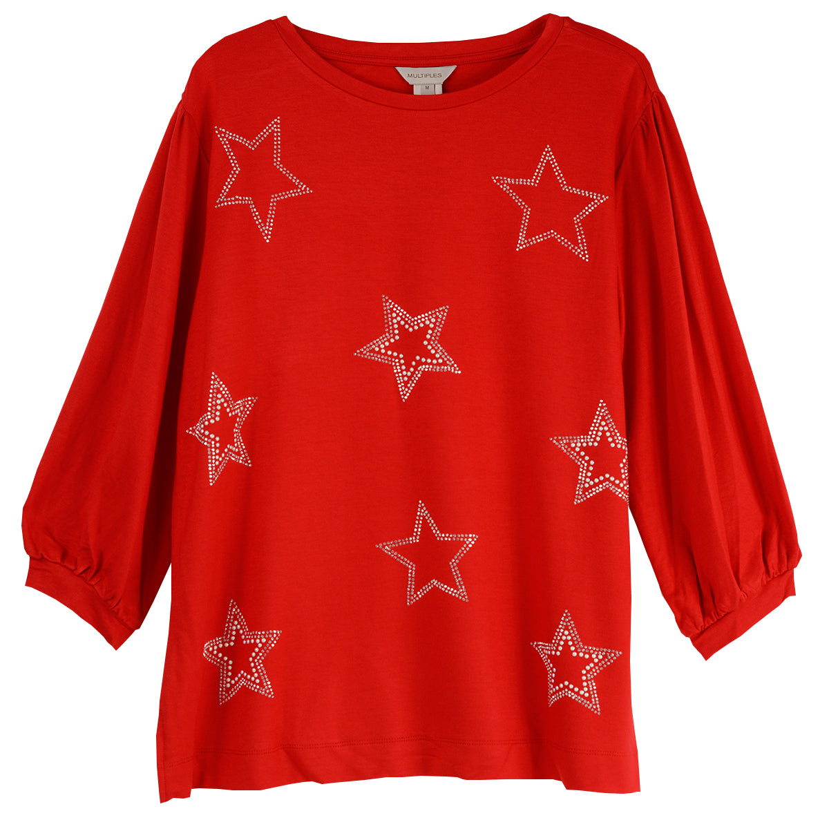 Multiples Petite Crew Neck Stars Red Top