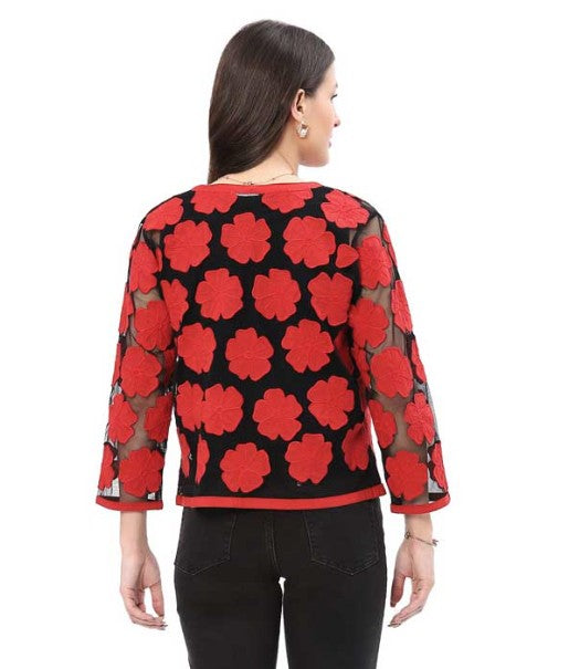 Parsley & Sage Maribell Black Sheer Red Floral Short Jacket