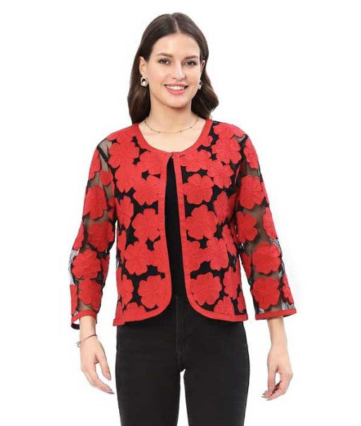 Parsley & Sage Maribell Black Sheer Red Floral Short Jacket