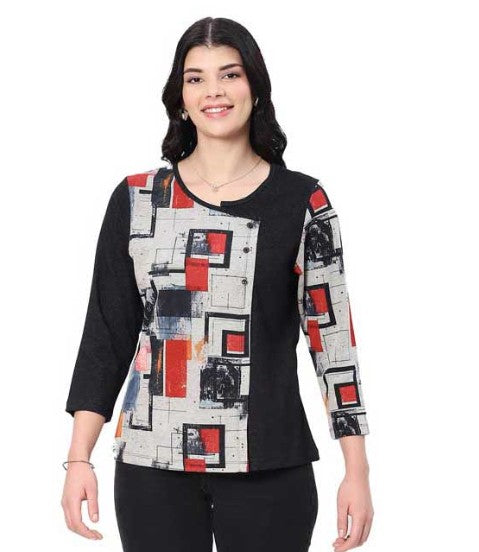 Parsley & Sage Martha Abstract Print Button Top (BLK/GRY/RED)