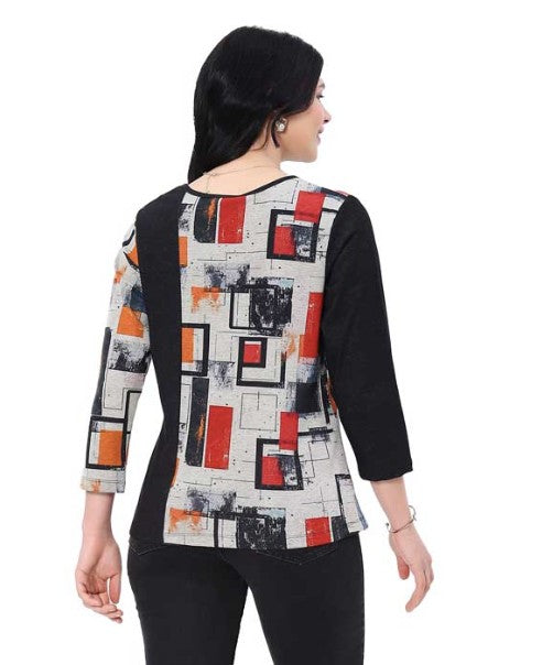 Parsley & Sage Martha Abstract Print Button Top (BLK/GRY/RED)