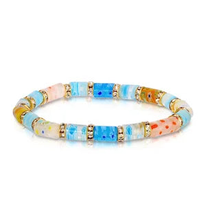 My Fun Colors Millefiori Glass Seaside Gold Stretch Bead Bracelet (MU8603)(Multi)