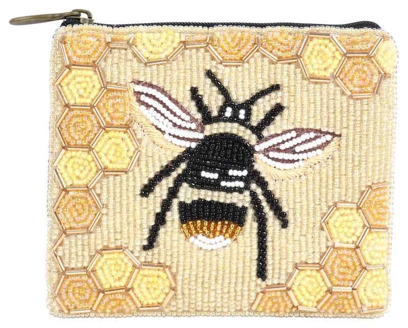 Hand Beaded Bee  Essential  Pouch ( SHCP034)(Tan )
