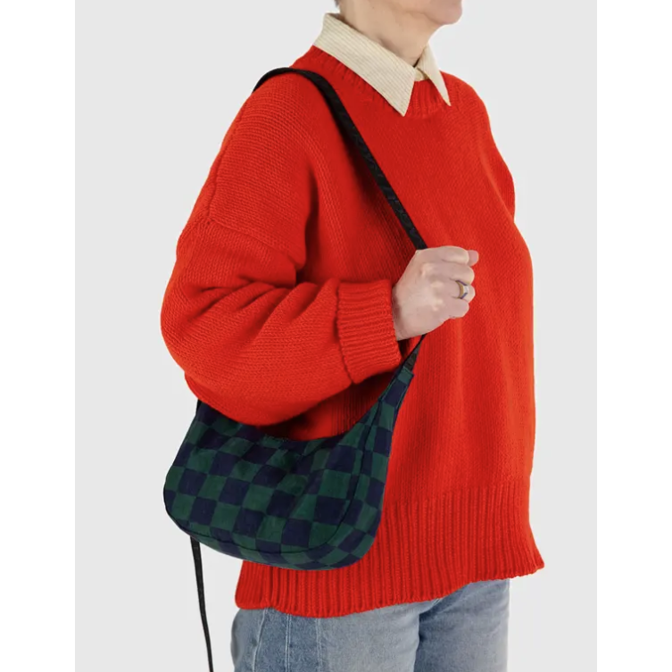 Baggu Small Nylon Crescent Bag - Navy Green Check